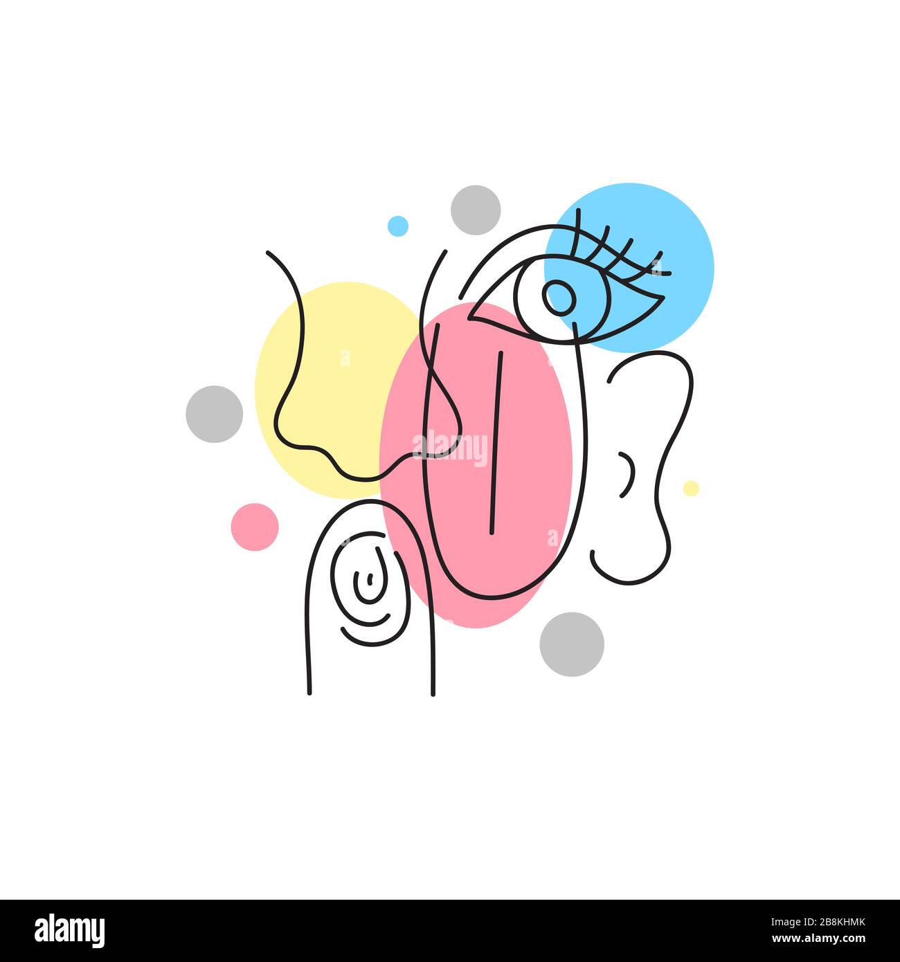 Abstraktes Farbplakat mit Sinnesorganen, Anblick, Berührung, Geruchssinn, Geschmack, Gehör. Linie moderne Illustration mit Nase, Auge, Ohr, Zunge. Vektorskizze Stock Vektor