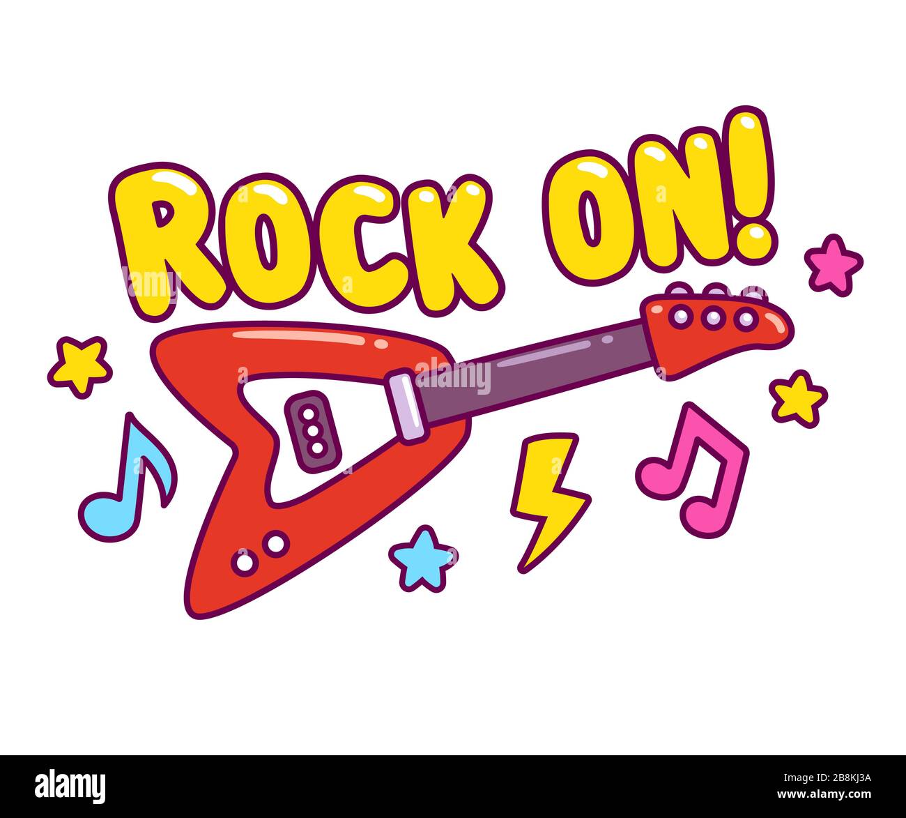 Helle Cartoon E-Gitarre Zeichnung mit coolen Musiknoten und Stars im Comic-Stil und Text Rock On! Einfache, niedliche Vektorgrafiken für Rock-n-Roll-Musik Stock Vektor