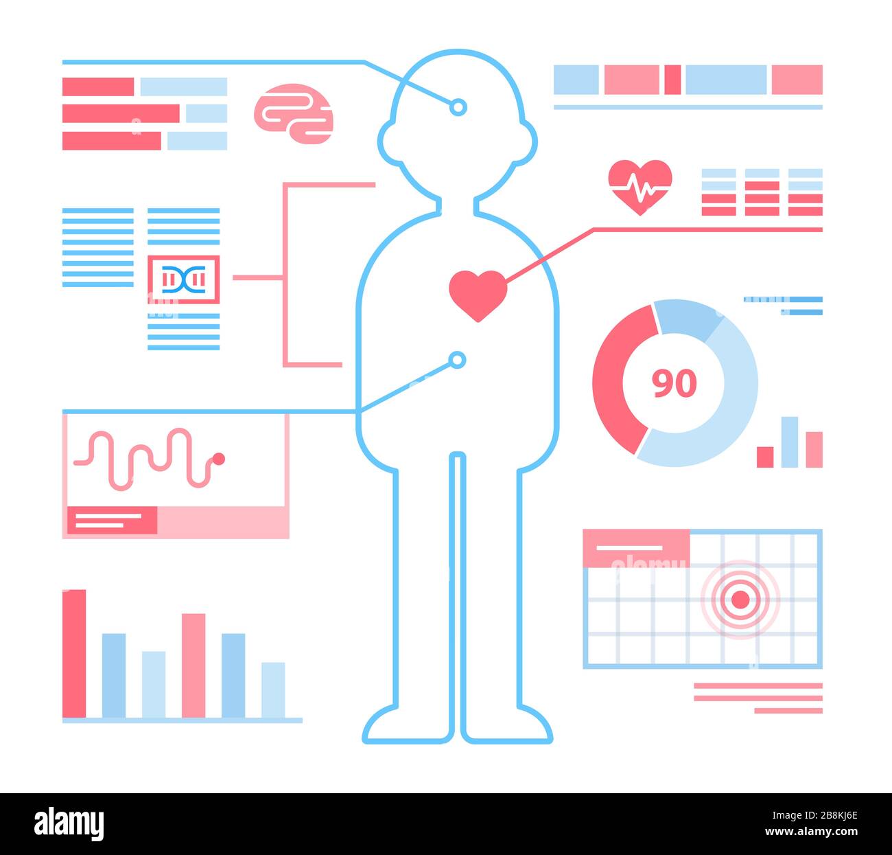 Gesundheitsüberwachung des menschlichen Körpers. Man Silhouette mit elektronischen Diagrammen von Gesundheitsdaten. Infografieelemente, Vektorclip Art Illustration. Stock Vektor