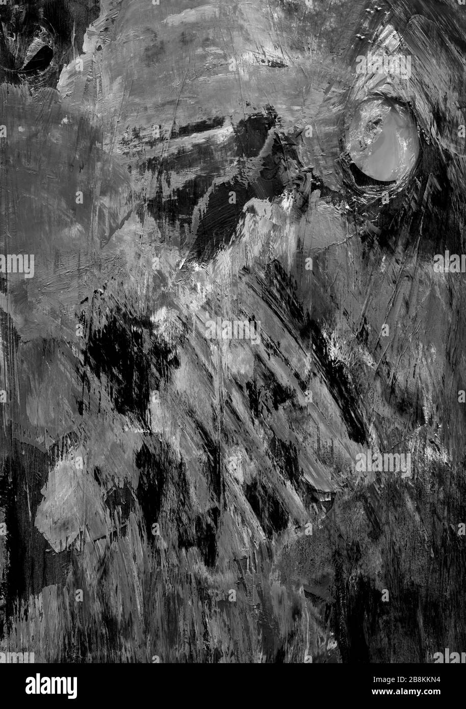 Abstrakter monochromer Hintergrund. Palette mit Ölfarben. Freihändige Pinselstriche. Schwarz-weiß und grauer Hintergrund mit Textur und Kratzern, stai Stockfoto