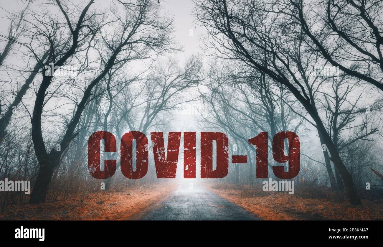 Pandemie von Coronavirus und verspotterter dunkler Wald und Straße. Covid-19 Stockfoto