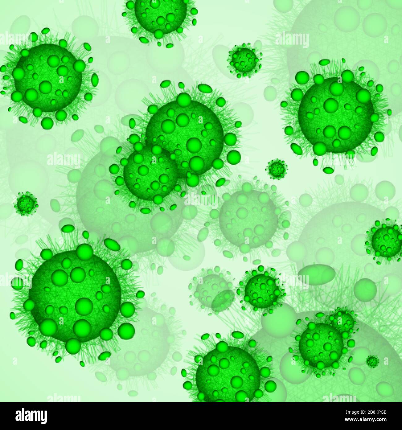 Grüne Viruszellen. Gefährliche Infektion oder Krankheit. Hintergrund der medizinischen Warnung. Vektorgrafiken Stock Vektor
