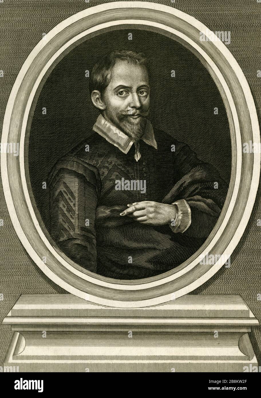 Sir Matthew Lister M.D. (1571–1656), Arzt des englischen Königshauses aus dem 17. Jahrhundert in den Jahren vor dem englischen Bürgerkrieg. Gravur mit Inschrift „SR Mathew Lister Knight and Dr of Phisic“, erstellt 1646 aus einem Porträt des flämischen Künstlers Paul van Somer (1576–1621). Stockfoto
