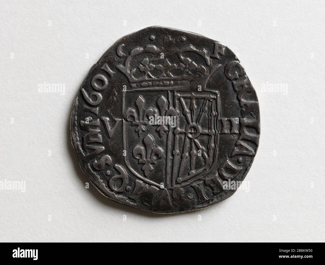 Achtes Schild aus Navarra Silber von Henri IV, 1601 Huitième d'écu de Navarra en argent d'Henri IV Argent. 1601. Paris, musée Carnavalet. Stockfoto