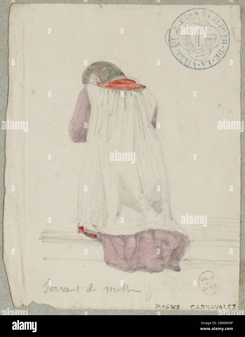 Er dient der gewöhnlichen Kostümmesse der Saint-Denis-Abteikirche, von der aus man von der Rückseite aus auf die Rückseite blicken und knieten kann Stockfoto