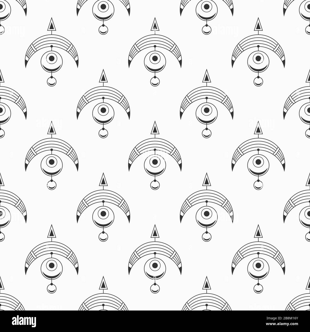 Abstraktes Muster von nahtlosen, heiligen geometrischen Symbolen. Moderne, elegante Textur. Linearer Stil. Vektor monochromer Hintergrund. Stock Vektor