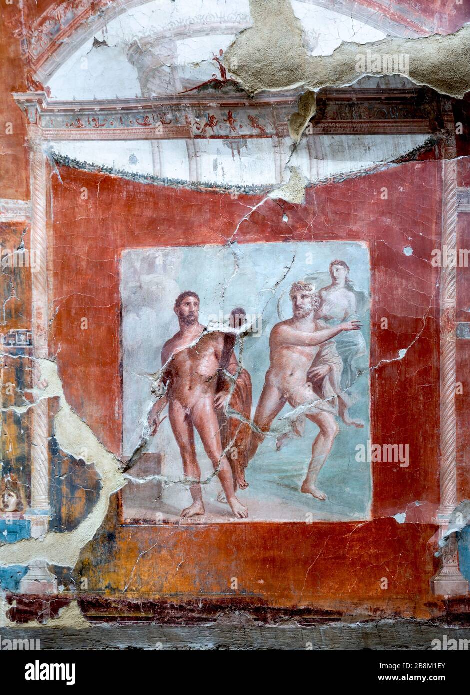 Altes Wandfresko im Herculaneum des Herkules, das durch den 79v. Chr. Ausbruch des Vesuvs, Kampanien, Italien zerstört wurde. Stockfoto