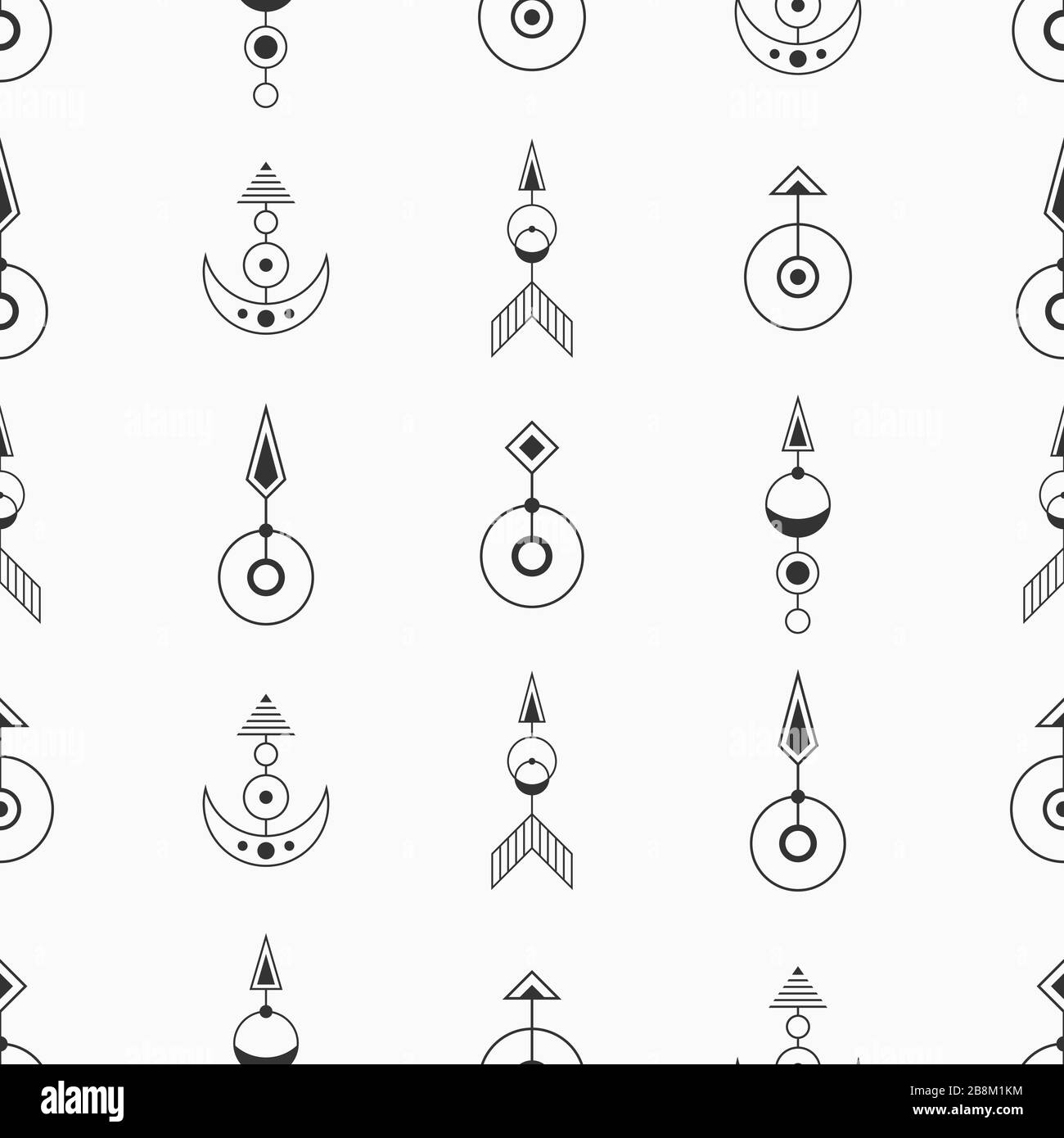 Abstraktes Muster von nahtlosen, heiligen geometrischen Symbolen. Moderne, elegante Textur. Linearer Stil. Vektor monochromer Hintergrund. Stock Vektor