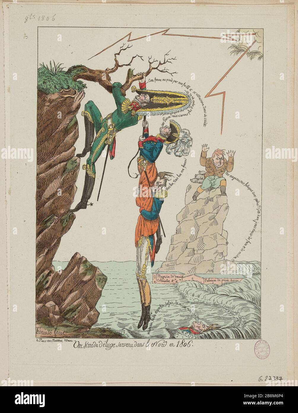 Eine Szene aus dem Hochwasser ereignete sich im Norden im Jahre 1806 Forioso/chez Martinet. "Une scène du déluge survenu dans le Nord en 1806". Eau-forte coloriée, im Jahre 1806. Paris, musée Carnavalet. Stockfoto
