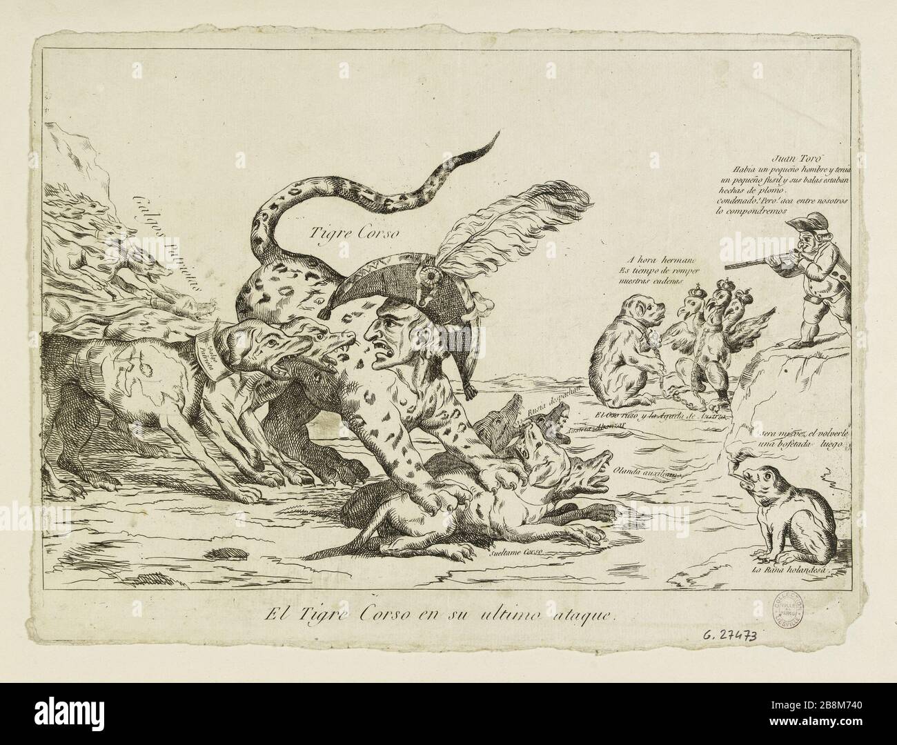 El Tiger-Kurs "El tigre corso en su ultimo ataque". Eau-forte couleur anonyme d'après Thomas Rowlandson. Paris, musée Carnavalet. Stockfoto