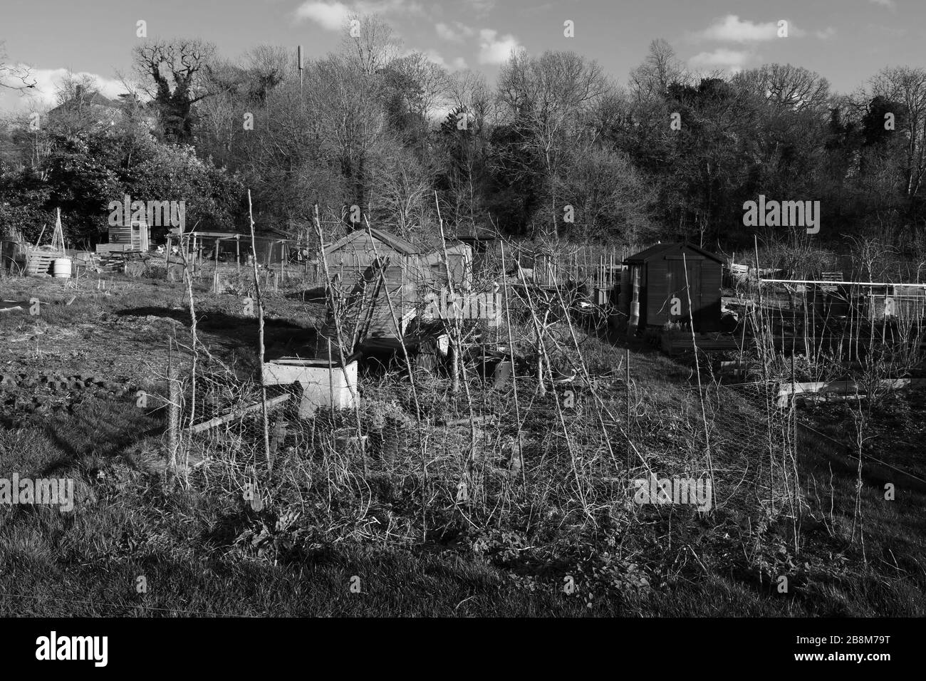 Schwarz-Weiß-Foto Gesamtansicht der Zuteilung in London Anfang März Winter. Stockfoto