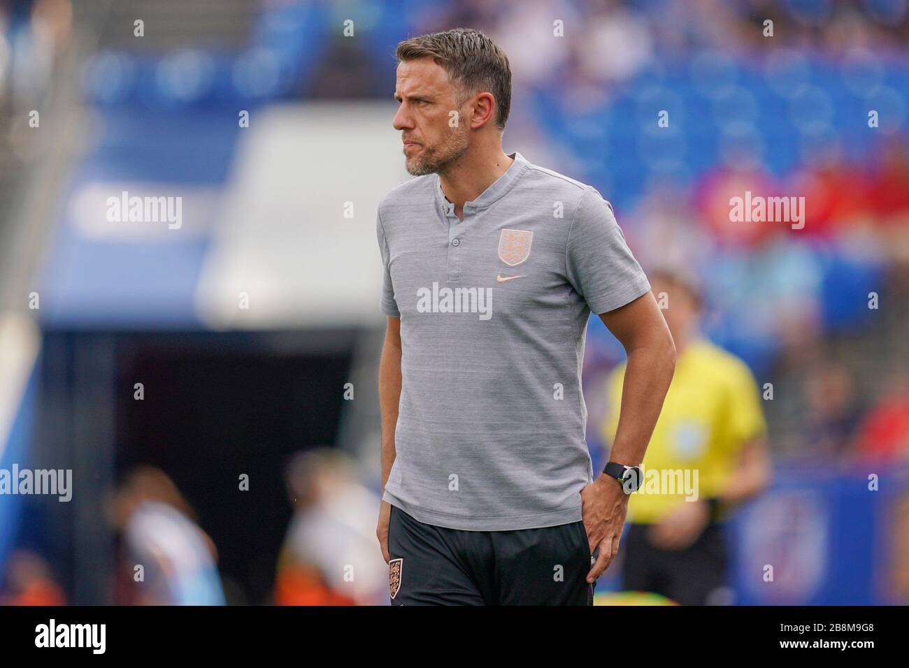 FRISCO. USA. 11. MÄRZ: England-Trainer Philip Neville an der Seitenlinie beim SheBelieves Cup Women's International Freundschaftsspiel zwischen England Frauen gegen Spanien Frauen im Toyota Stadium in Frisco, Texas, USA 2020. ***keine kommerzielle Nutzung*** (Foto von Daniela Porcelli/SPP) Stockfoto