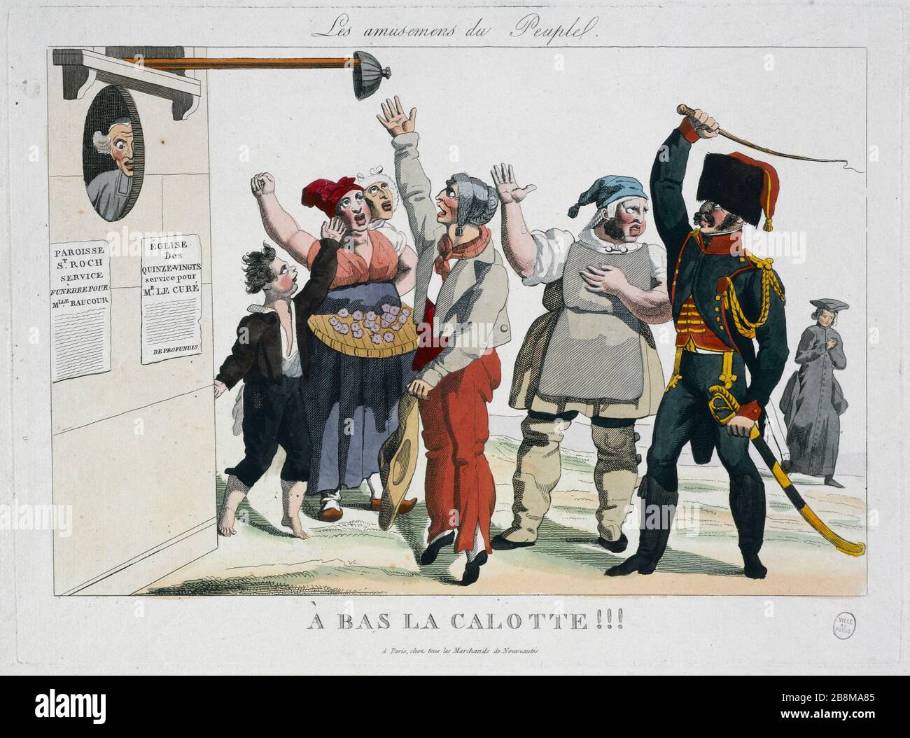 DIE UNTERHALTUNG DER LEUTE - TIEF IN DER SCHALE!!! "Les amusements du peuple - A bas la calotte!!!". Estampe. Paris, musée Carnavalet. Stockfoto