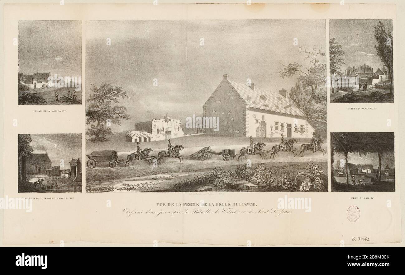 Blick von der Farm auf die schöne Allianz/Comic zwei Tage nach der Schlacht von Waterloo und dem Mont-St Jean. (IT) Stockfoto