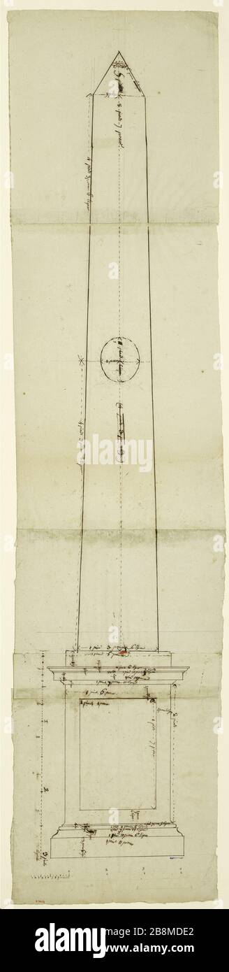 Erhebung eines Obelisken Jacques François Carbillet (* 1766-186). Elévation d'un obélisque. Crayon et encre noire à la plume sur Papier vergé. Présence de cire à cacheter rouge dans un assemblage du Papier., 1766-186. Musée Carnavalet, Histoire de Paris. Stockfoto