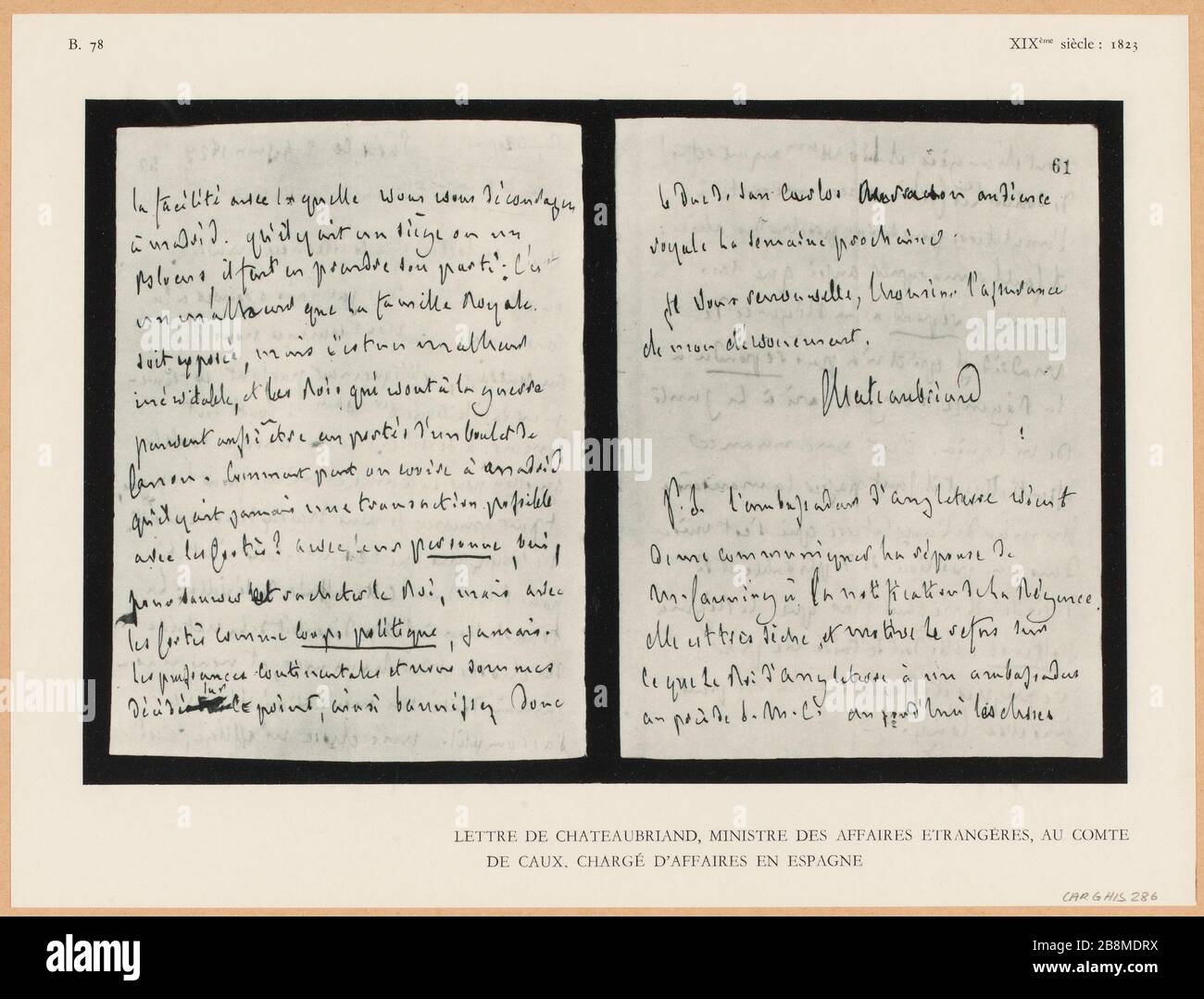 Brief von Chateaubriand, Außenminister, dem Graf/Caux, Charge d'affaires in Spanien. (IT) Stockfoto