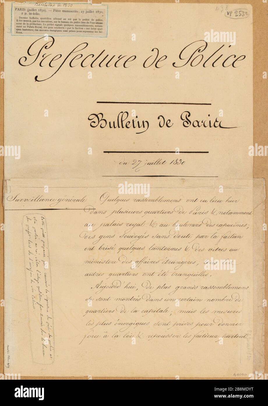 Handgeschriebenes Stück vom 27. Juli 1830: Das letzte täglich vom Polizeikommissariat (IT) an den König gesendete Rundschreiben. Stockfoto