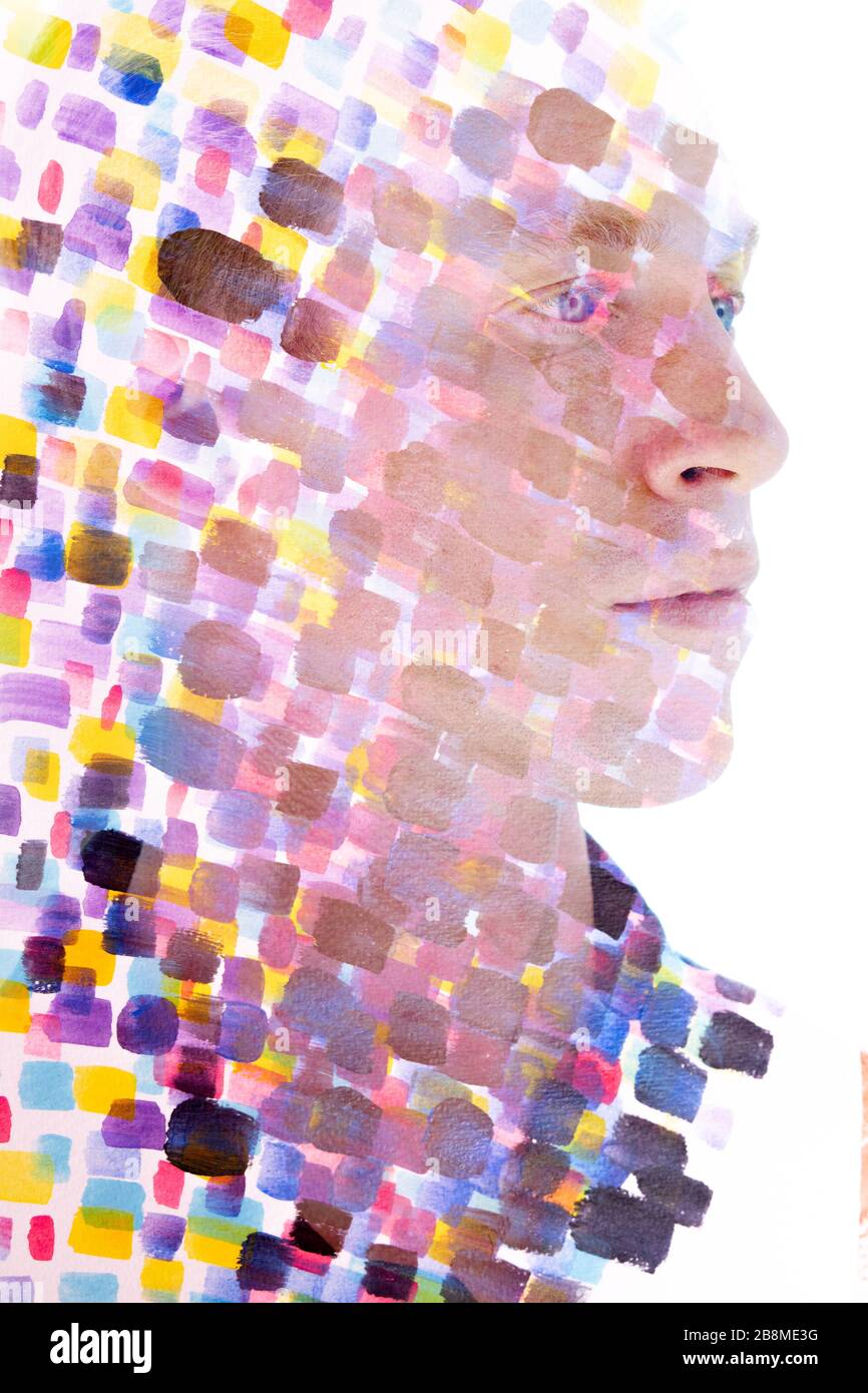 Paintography. Abstrakte Malerei mit einem Porträt kombiniert Stockfoto