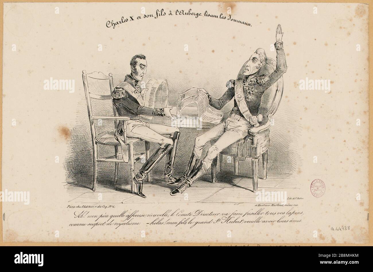 Charles X und sein Sohn in der Auberge lesen die Zeitungen. (IT) Stockfoto