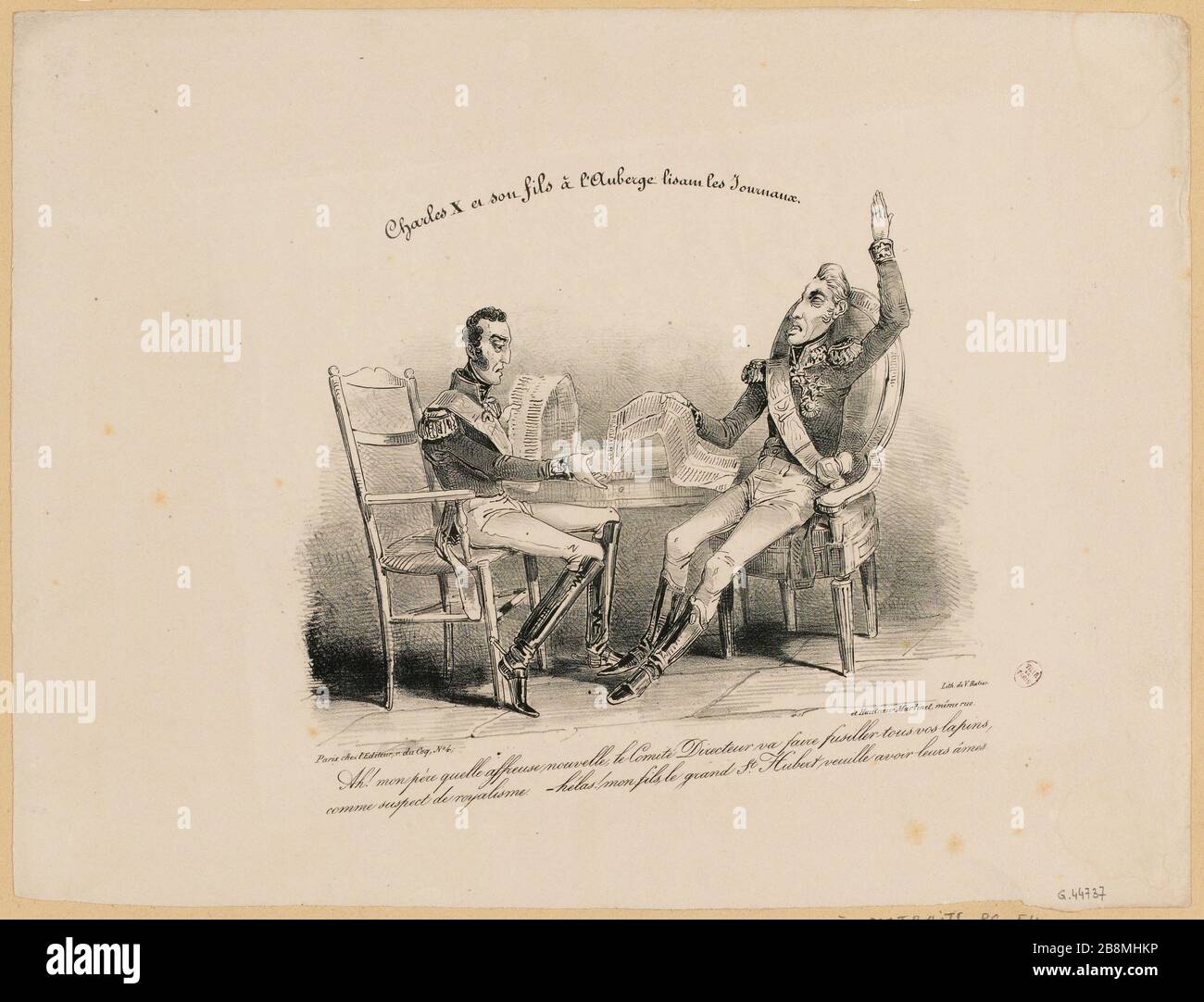 Charles X und sein Sohn in der Auberge lesen die Zeitungen. (IT) Stockfoto