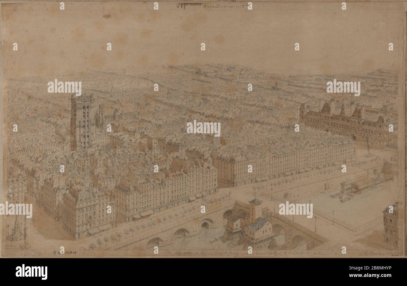 Die Brücke Notre Dame, der Saint Jacques Tower und das Rathaus, wie die Krähe fliegt, im Jahr 1848. Philippe-Marie Chaperon (1823-1907). "Le pont Notre-Dame, la Tour Saint Jacques et l'Hôtel de Ville, vus à vol d'oiseau, 1848." Crayon et rehuts de lavis gris et brun sur Papier, 1848. Paris, musée Carnavalet. Stockfoto