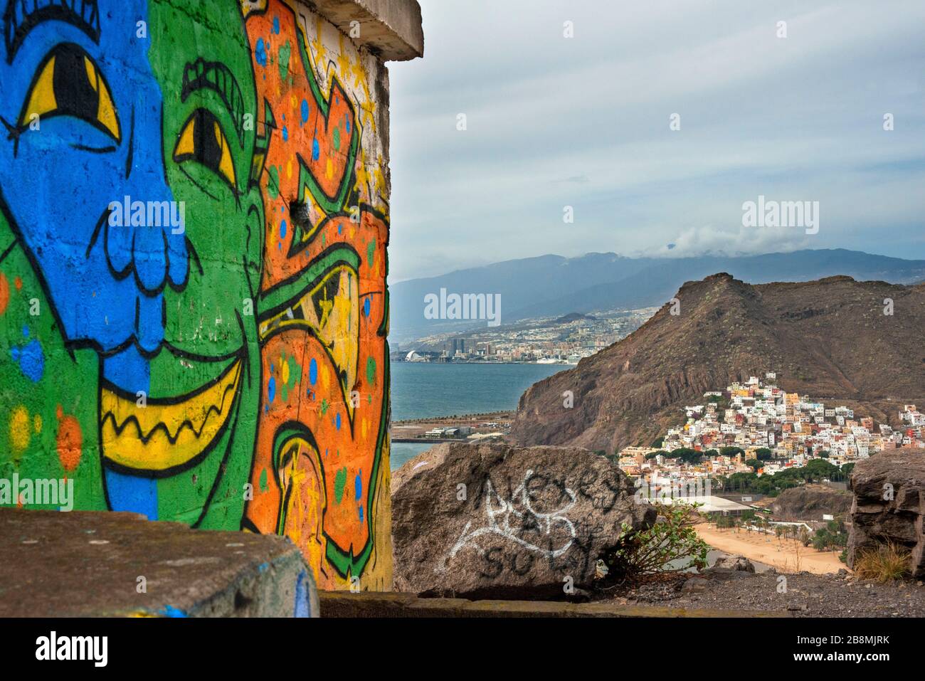 Luftbild und Panoramablick auf den Strand Teresitas und San Andres, Kanarische Inseln, Spanien Stockfoto