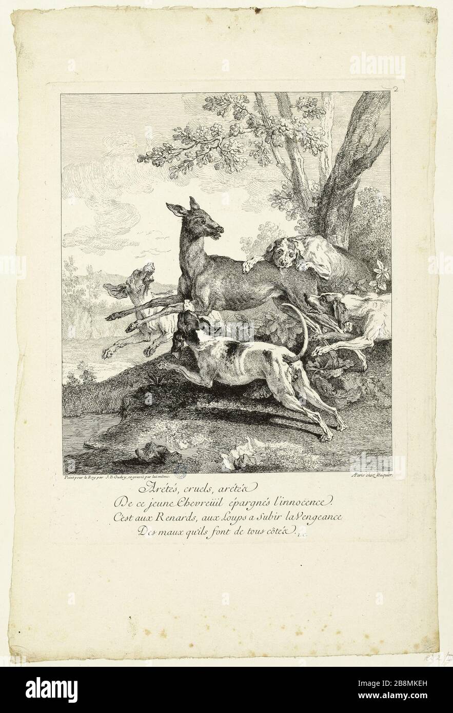 Oudry, Jean-Baptiste. Zwangstiere, pfl. 2 Jean-Baptiste Oudry (1886-555). Le chevreuil forcé, pl. 2. Eau-forte, 1725. Musée des Beaux-Arts de la Ville de Paris, Petit Palais. Stockfoto