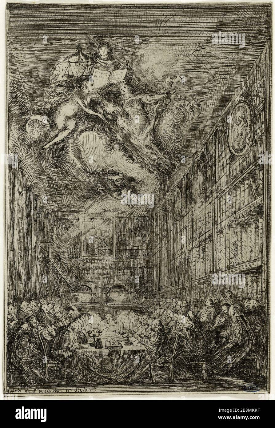 Juristenkonferenz Gabriel de Saint-Aubin. Conférence des Avocats. Eau-forte, 1776. Musée des Beaux-Arts de la Ville de Paris, Petit Palais. Stockfoto