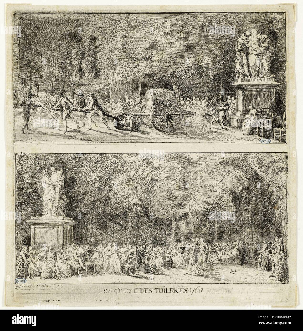 Zeigen Sie die Tuilerien Gabriel de Saint-Aubin. Spektakel der Tuilerien. Eau-forte, 1760. Musée des Beaux-Arts de la Ville de Paris, Petit Palais. Stockfoto