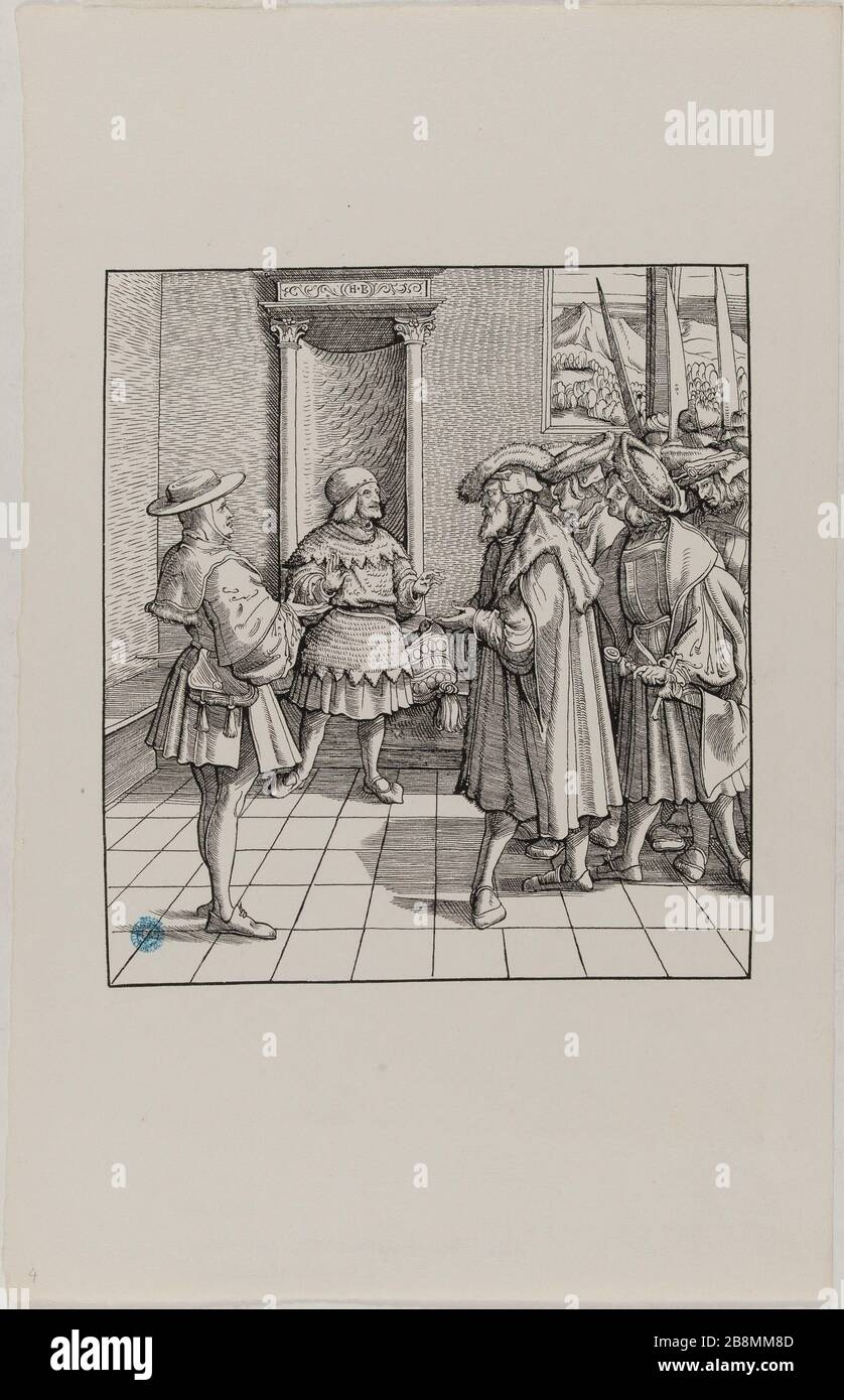 Der Weiße Koenig: Une salle d'Audience (Dornik-Ege 29) Hans Burgkmair, dit l'Ancien (1473-1531). Der Weisse Koenig: Une salle d'Audience (Dornik-Ege 29). Xylographie, 1512-1519. Musée des Beaux-Arts de la Ville de Paris, Petit Palais. Stockfoto