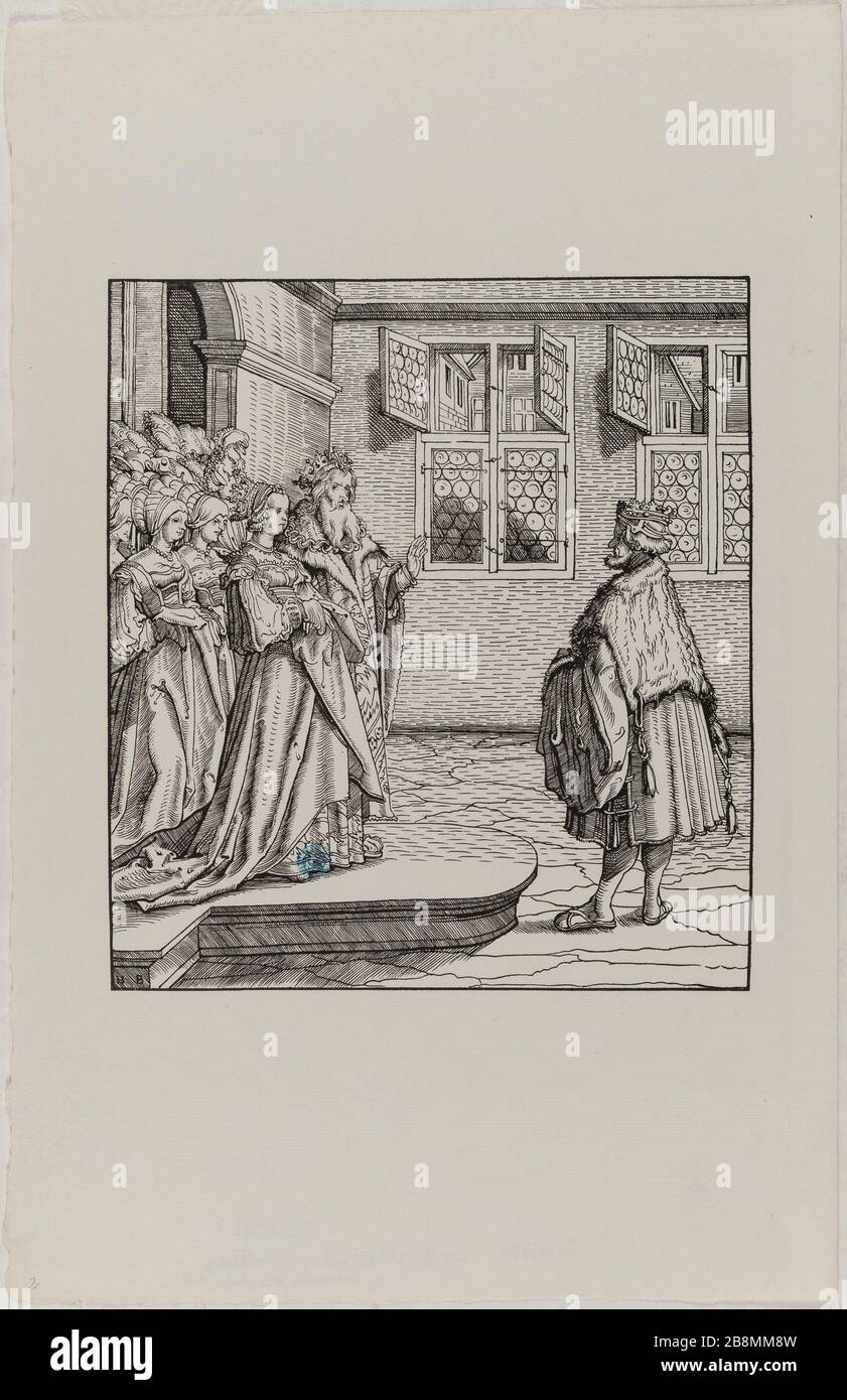 Der Weisse Koenig datierend die beiden Könige (Dornik Ege-29) Hans Burgkmair, dit l'Ancien (1473-1531). Der Weisse Koenig: Rencontre des deux rois (Dornik-Ege 29). Xylographie, 1512-1519. Musée des Beaux-Arts de la Ville de Paris, Petit Palais. Stockfoto