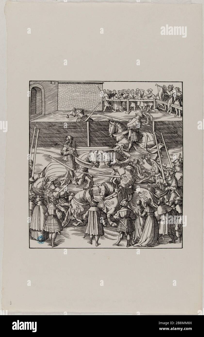 Der Weisse Koenig: Turnier mit mehreren Jouteurs (Dornik Ege-29) Hans Burgkmair, dit l'Ancien (1473-1531). Der Weisse Koenig:Tournoi avec plusieurs jouteurs (Dornik-Ege 29). Xylographie, 1512-1519. Musée des Beaux-Arts de la Ville de Paris, Petit Palais. Stockfoto