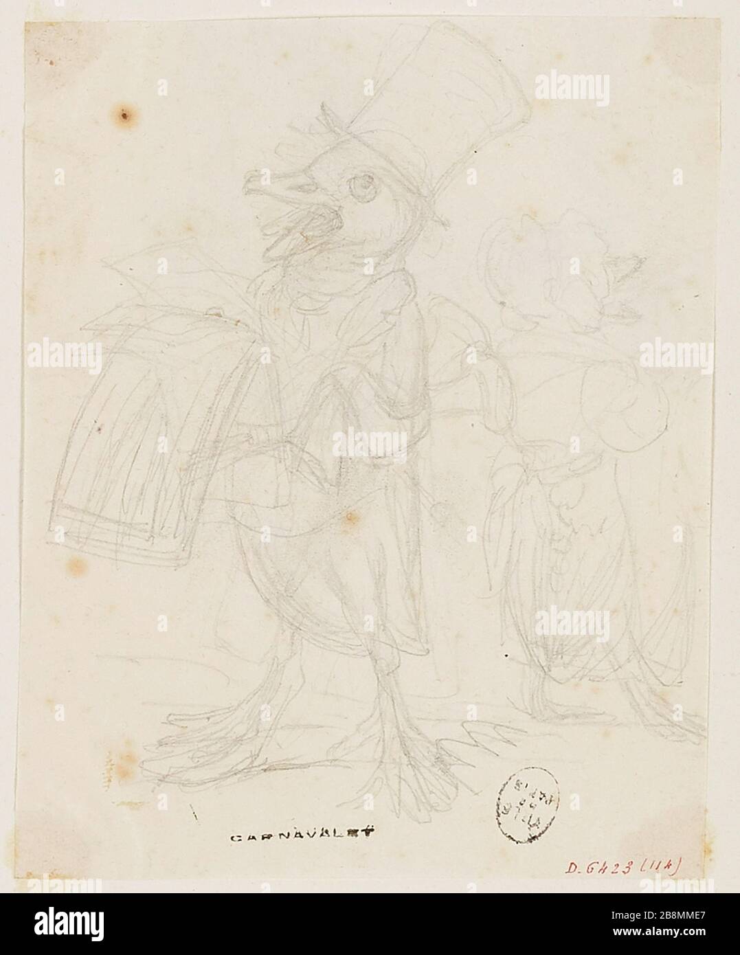 Kanarienvogel. (Dummy-Titel) Album Guiaud Seite 34 (Dummy-Titel) Grandville (1803-09-15 - 1847-03-17), Serin. (Titer factice), um 1840. Mine de plomb. Musée Carnavalet, Histoire de Paris. Stockfoto