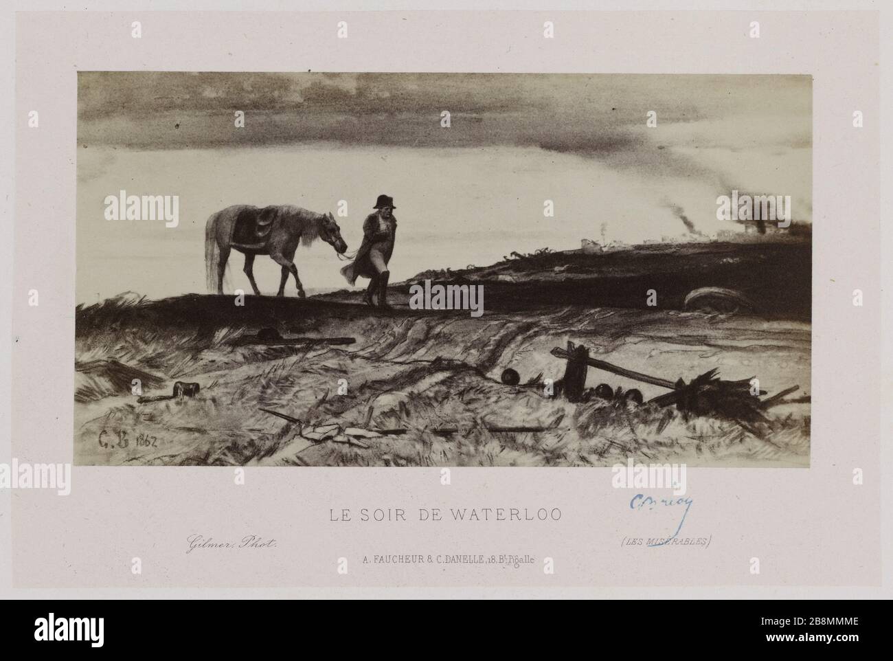 Der Abend von Waterloo Gustave Brion (1824-1877). Illustration des oeuvres complètes 'Les Misérables' de Victor Hugo. "Le soir de Waterloo". Photographie de Gilmer. Tirage sur Papier Albuminé. Im Jahr 1862. Paris, Maison de Victor Hugo. Stockfoto