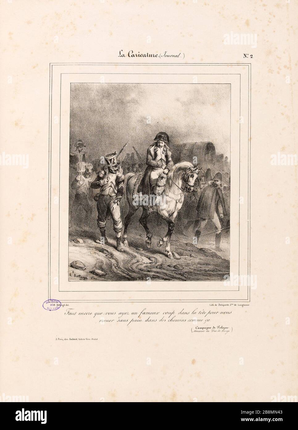 Sollte man für uns noch einen berühmten Schuss in den Kopf haben / bleifreies Brot auf wegen wie dieser Hippolyte Bellangé (1800-1866). Karikatur de Presse. "Faut encore que vous ayez un fameux coup dans la tête pour nous / mener sans pain dans des chemins comme ça". Planche parue dans 'La caricature' du 4 novembre 1830. Lithographie. Paris, Maison de Balzac. Stockfoto