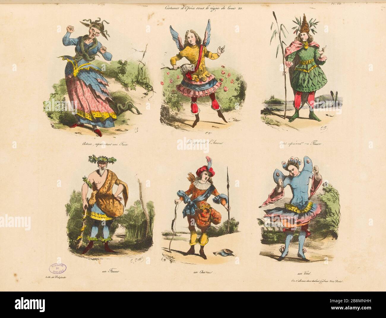 Opernkostüme während der Herrschaft von Louis XV Eugène-Hippolyte Forest (1808-1891). Karikatur de Presse. "Kostüme d'Opéra sous le règne de Louis XV". Planche parue dans 'La caricature' du 10 février 1831. Lithographie. Paris, Maison de Balzac. Stockfoto