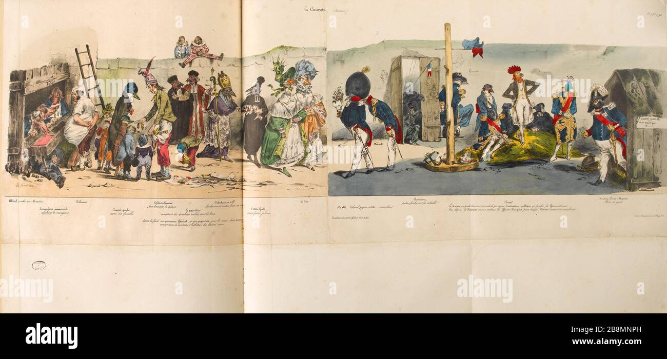 Politischer Hinterhof. [An das Ministerium verkaufte Tiere ...] Jean Ignace Isidore Gérard Grandville (1803-1847). Karikatur de Presse. "Basse-cour politique. [Bétail vendu au ministère...]". Planche parue dans 'La caricature' du 8 septembre 1831. Lithographie. Paris, Maison de Balzac. Stockfoto