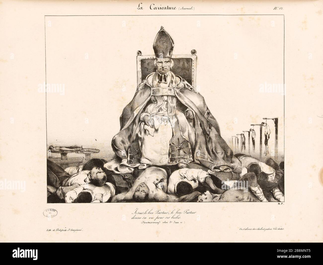 Ich bin der gute Hirte. Pastor Good schenkt seinem Schaf Eugène Modeste Edmond Le Poittevin (1806-1870) sein Leben. Karikatur de Presse. "Je suis le bon Pasteur. le bon Pasteur donne sa vie pour ses brebis". Planche parue dans 'La caricature' du 2 juin im Jahr 1831. Lithographie. Paris, Maison de Balzac. Stockfoto