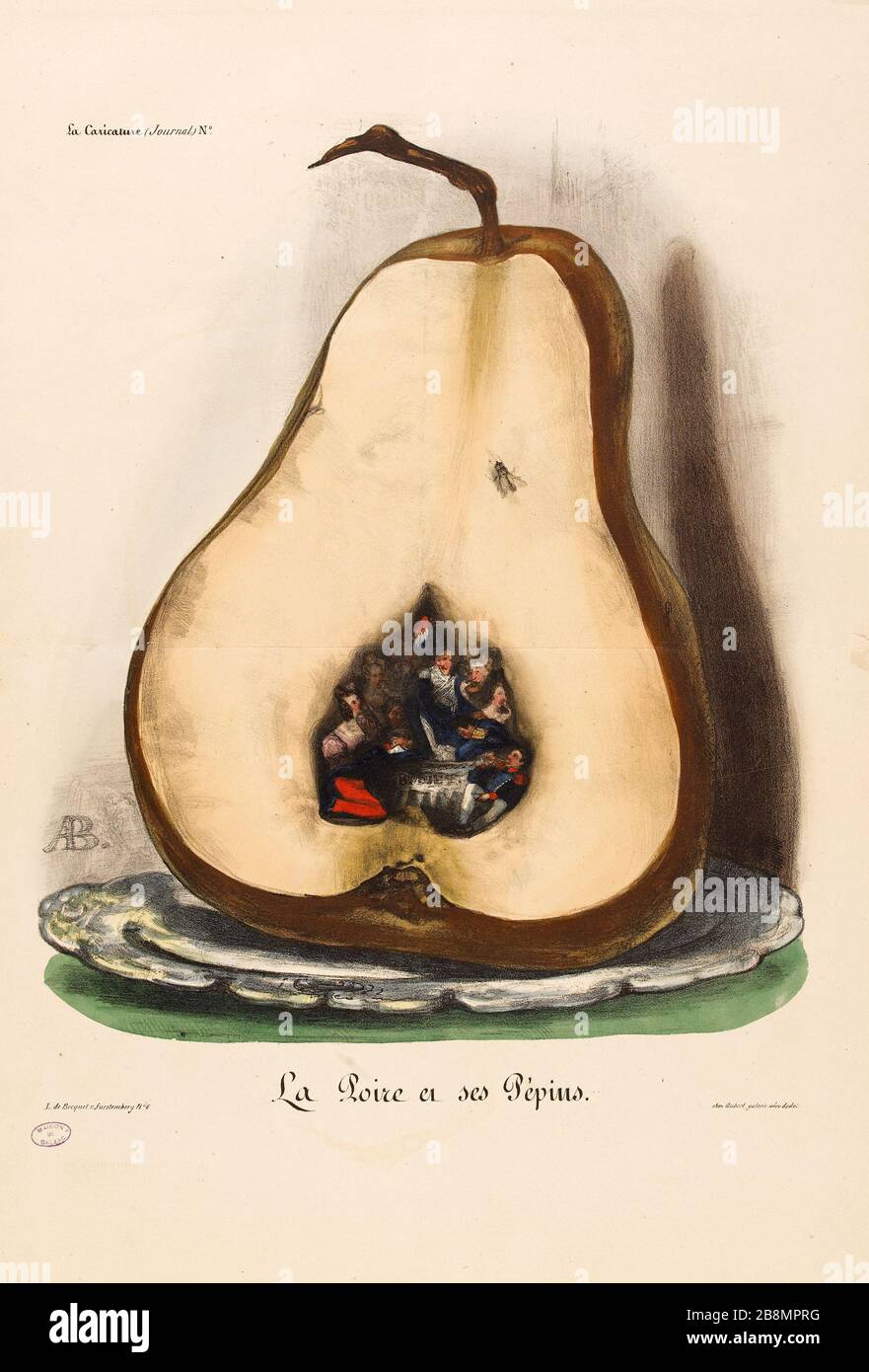 Birne und Samen, Auguste-Bouquet (1810-1846). Karikatur de Presse. "La Poire et ses Pépins". Planche parue dans 'La caricature' du 4 juillet, im Jahr 1834. Lithographie. Paris, Maison de Balzac. Stockfoto
