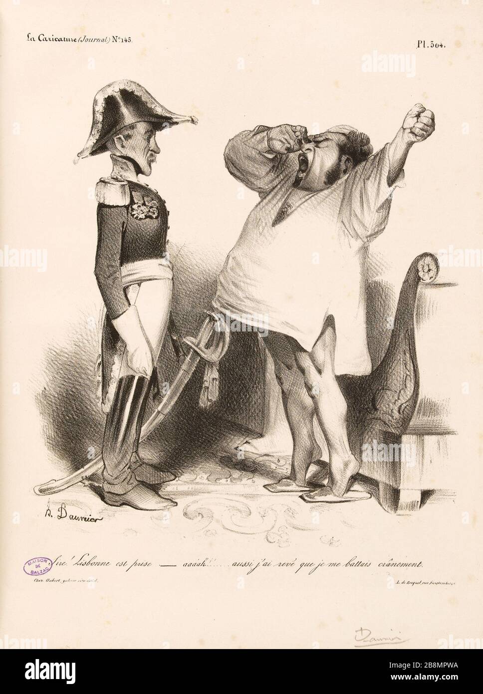 Sire! Lissabon wird genommen - Aaaah!! ... Ich träumte auch, dass ich mutig gegen Honoré Daumier (1808-1879) kämpfte. Karikatur de Presse. "Bitte! Lisbonne est pry - aaaah!!... aussi j'ai revé que je me battais crânement'. Planche parue dans 'La caricature' du 15 août 1833. Lithographie. Paris, Maison de Balzac. Stockfoto