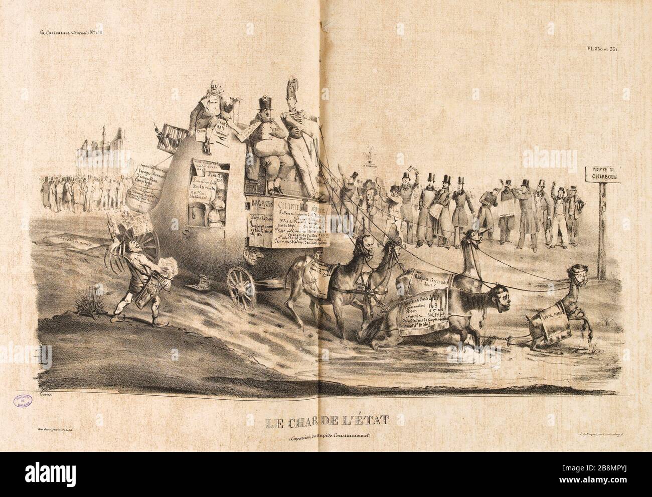 Der Wagen des Staates Charles Joseph Traviès de Villers, dit Traviès (1804-1859). Karikatur de Presse. "Le char de l'Etat". Planche parue dans 'La caricature' du 14 novembre, um das Jahr 1834. Lithographie. Paris, Maison de Balzac. Stockfoto