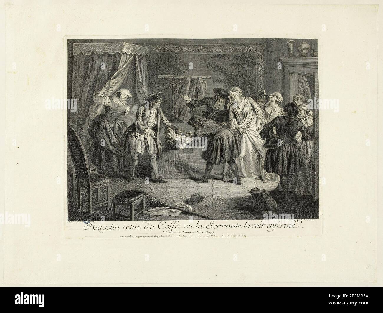 Brett für die römische Comique Scarron Ragotin aus dem Kofferraum entfernt oder die Magd hatte nach Pater Louis Surugue (1686-1762) eingesperrt. Planche pour le Roman Comique de Scarron : Ragotin retré du coffre ou la servante l'avoit enfermé d'après Pater. Eau-forte et burin, 1732. Musée des Beaux-Arts de la Ville de Paris, Petit Palais. Stockfoto