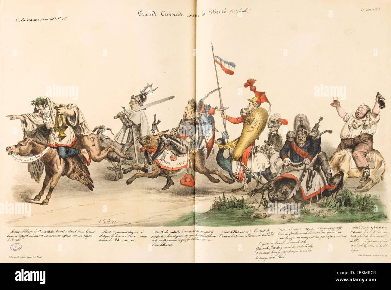Großer Kreuzzug gegen die Freiheit, pfl. 5 und 6. Großer Kreuzzug gegen die Freiheit. (Drittes Blatt). Jean Ignace Isidore Gérard Grandville (1803-1847). Karikatur de Presse. 'Grande Croisade contre la Liberté, pl.5 et 6. Grande Croisade contre la liberté. (3e feuille.)". Planche parue dans 'La caricature' du 5 juin 1834 . Lithographie. Paris, Maison de Balzac. Stockfoto