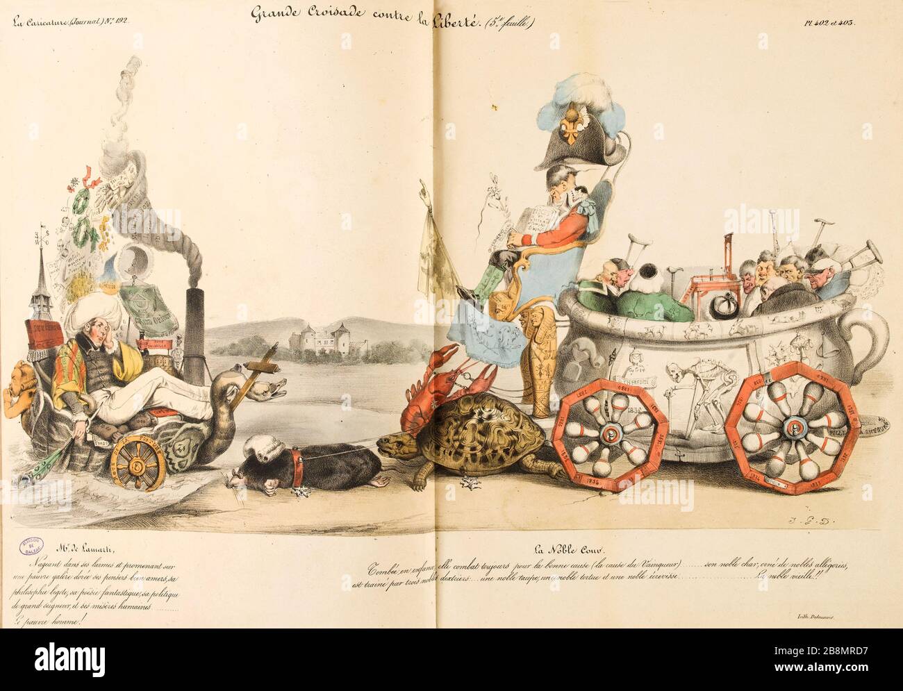 Kreuzzug gegen die Freiheit, pl.9 und 10. Kreuzzug gegen die Freiheit (5. Blatt) Jean Ignace Isidore Gérard Grandville (1803-1847). Karikatur de Presse. "Grande Croisade contre la Liberté, pl. 9 et 10. Grande Croisade contre la Liberté (5e feuille.)". Planche parue dans 'La caricature' du 10 juillet 1834. Lithographie. Paris, Maison de Balzac. Stockfoto