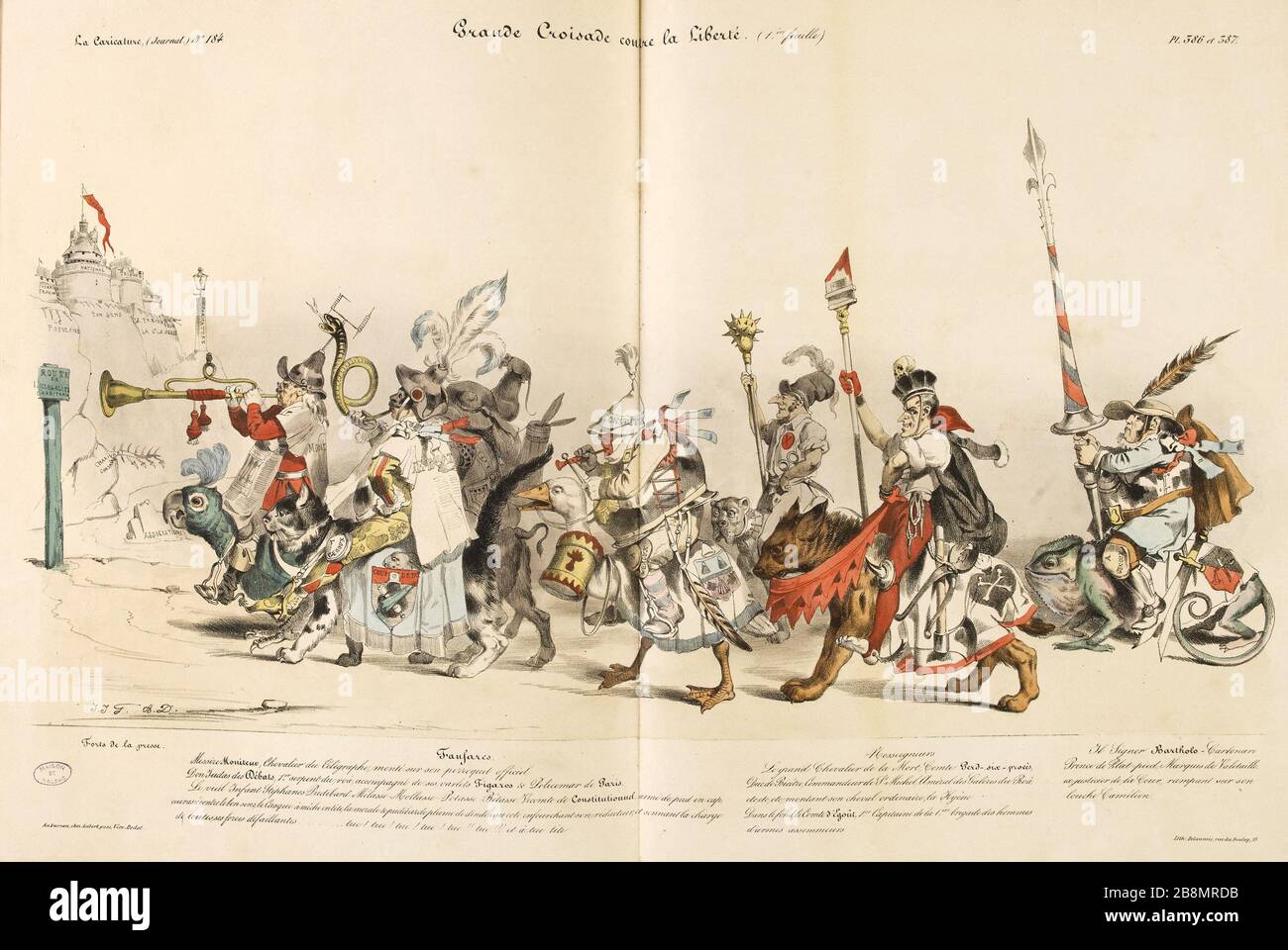 Großer Kreuzzug gegen die Freiheit, pl. 1 und 2. Großer Kreuzzug gegen die Freiheit (1. Blatt) Jean Ignace Isidore Gérard Grandville (1803-1847). Karikatur de Presse. 'Grande Croisade contre la Liberté, pl. 1 und 2. Grande Croisade contre la Liberté (1ère feuille)'. Planche parue dans 'La caricature' du 15 Mai 1834. Lithographie. Paris, Maison de Balzac. Stockfoto