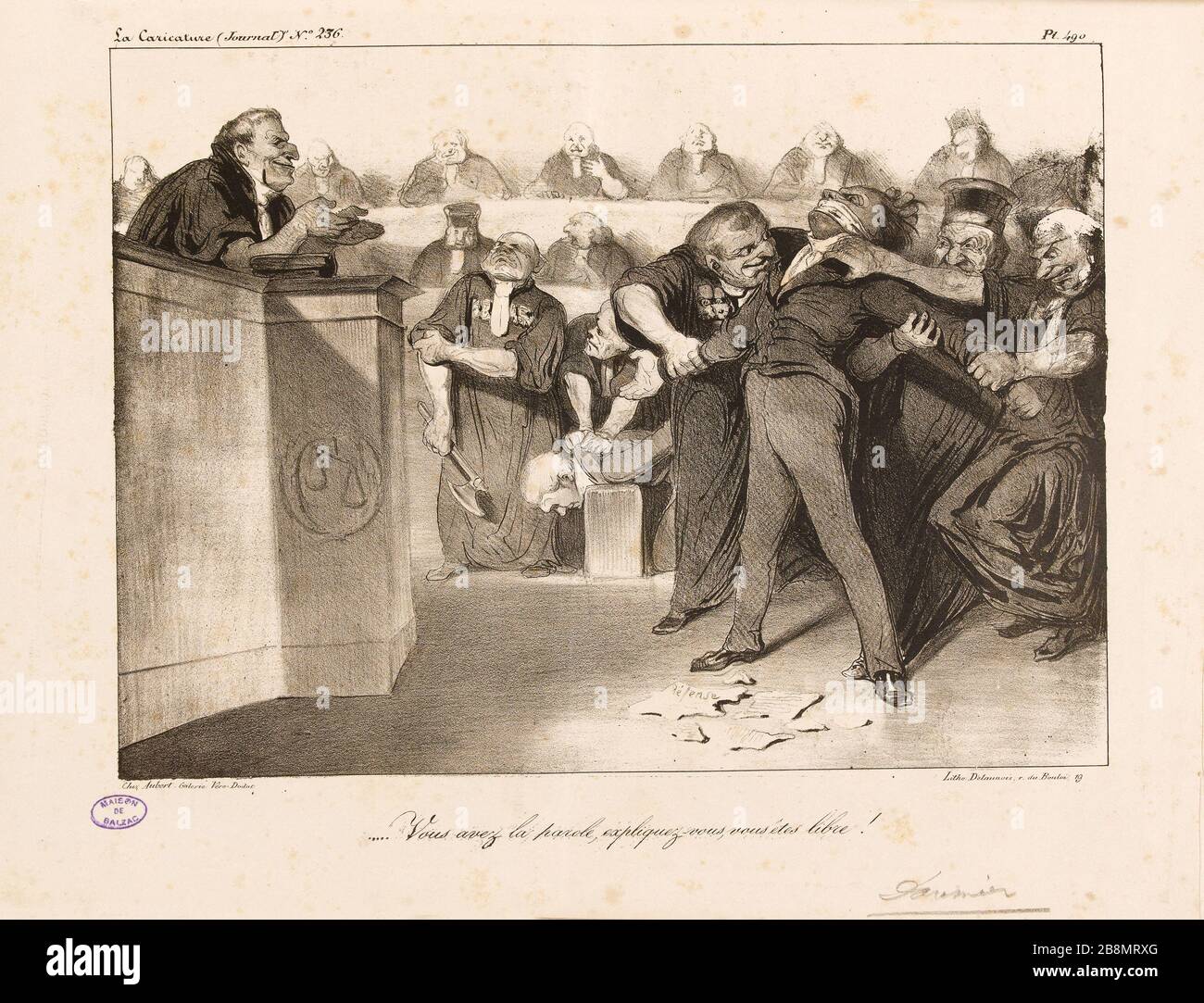 ... .Sie haben das Wort, erklären sich, Sie sind frei! Honoré Daumier (1808-1879). Karikatur de Presse. '….vous avez la Parole, expliquez-vous, vous êtes libre!'. Planche parue dans 'La caricature' du 14 Mai 1835. Lithographie. Paris, Maison de Balzac. Stockfoto