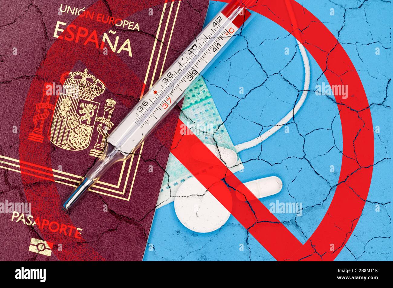 Spanien Reisebeschränkungen. Stornieren Sie die geplante Reise nach Spanien oder die Einschränkung des Konzepts der spanischen Reisenden aufgrund der Ausbreitung der Coronavirus-Infektion. Quarantäne für die Kovid-19-Pandemie. Stockfoto
