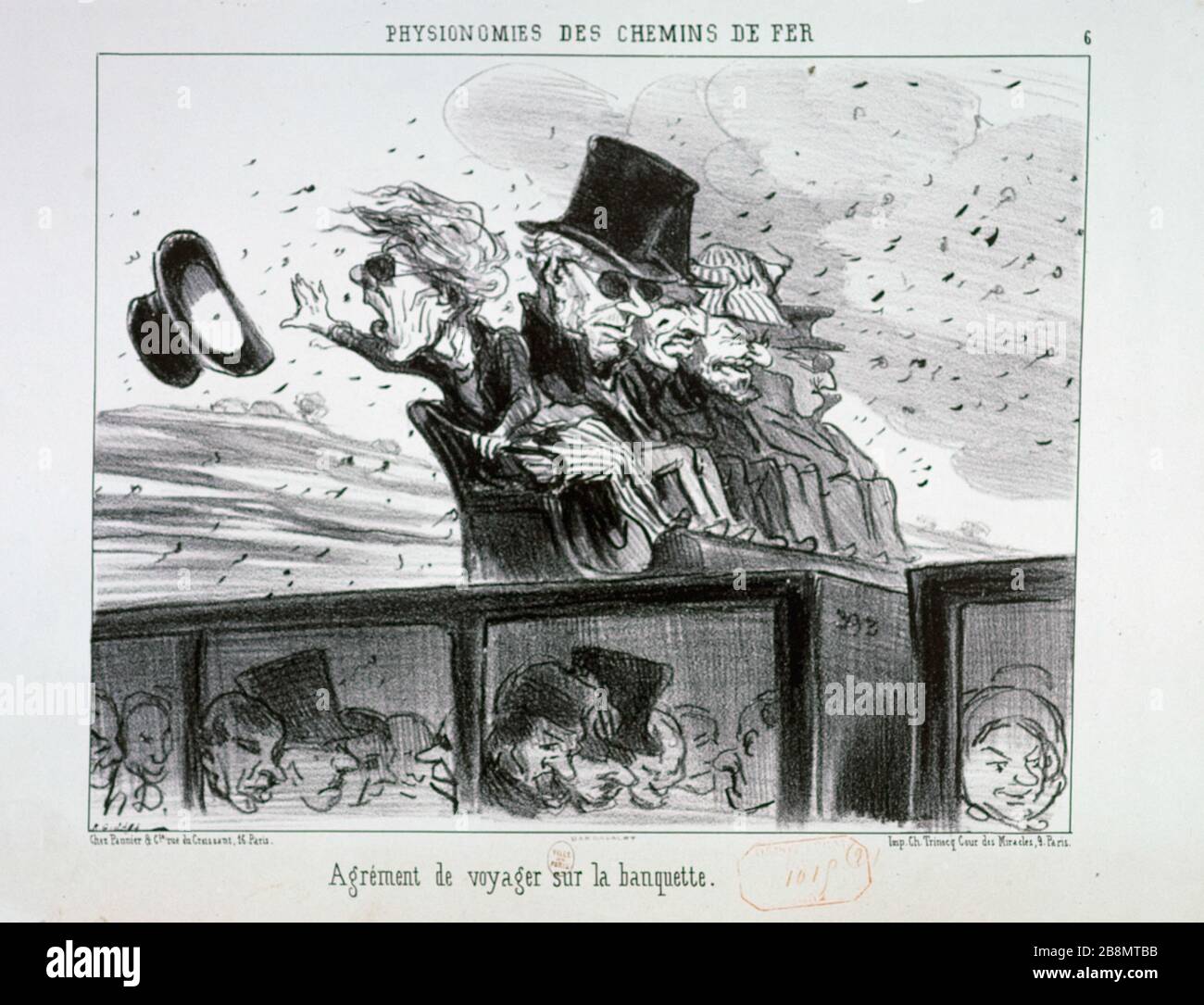 Faces RAILWAY, NUMMER 6 - GENEHMIGUNG FÜR DIE FAHRT AUF DER BANK Honoré Daumier (1808-1879). "Physionomies des chemins de fer, numéro 6 - Agrément de voyager sur la Banquette". Tiefdruck. Paris, musée Carnavalet. Stockfoto