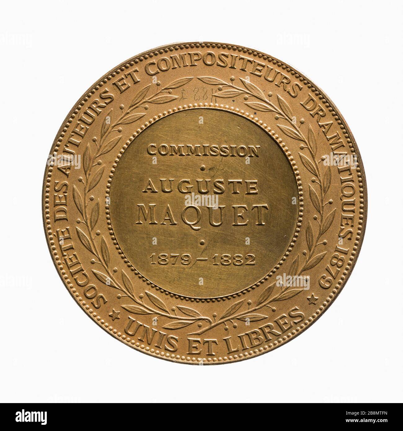 Medaille an den Dramatiker und Mitglied der kommission der Gesellschaft dramatischer Autoren und Komponisten zwischen 1879 und 1882 Jean Louis Nicolas Jaley (1802-1866), dit Léon. Médaille offerte à Auguste Maquet (13-1888-18), Dramaturg et membre de la commission de la société des auteurs et compositeurs dramatiques entre 1879 et 1882. Oder. Après 1882. Paris, musée Carnavalet. Stockfoto