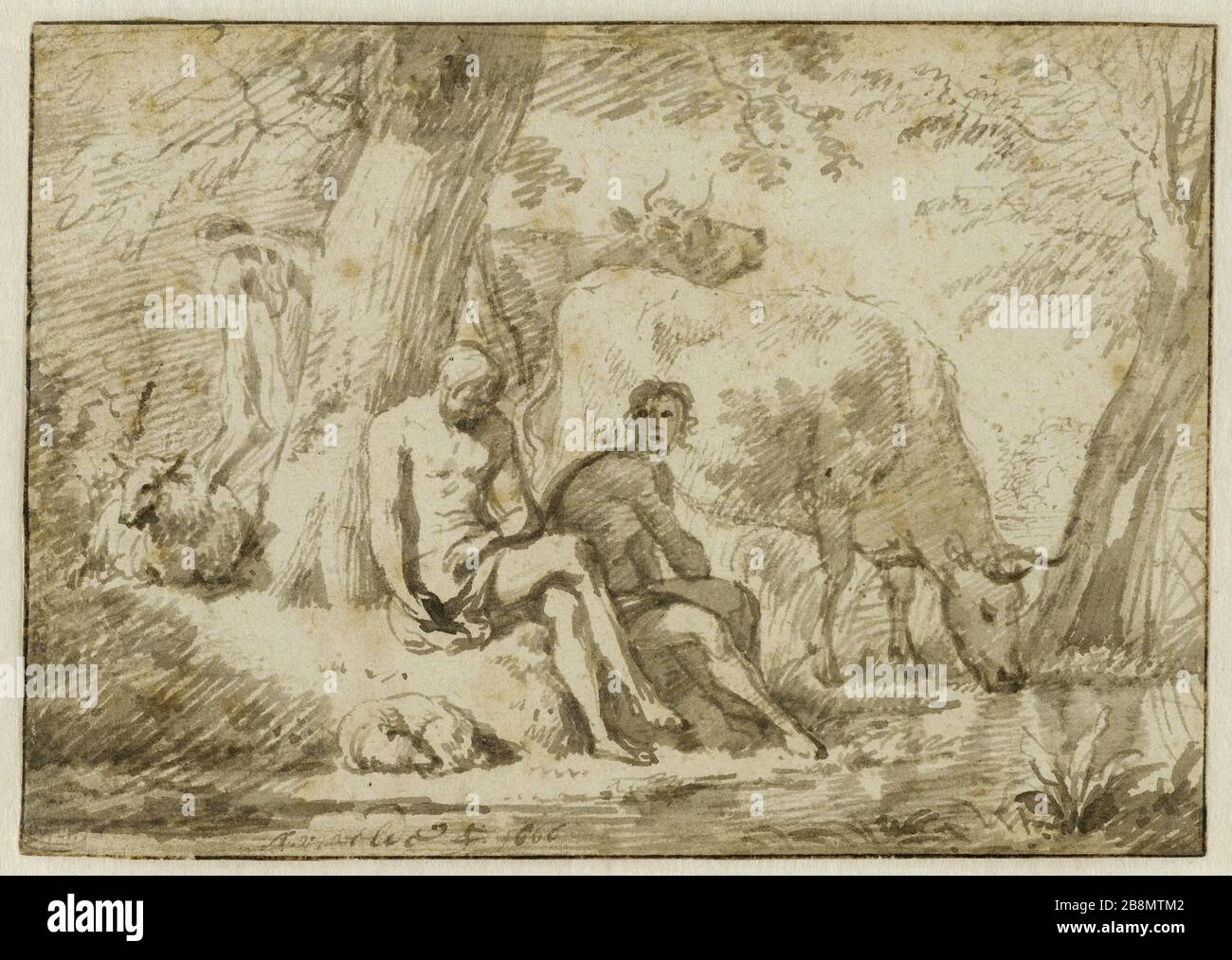 Mercury und Argus Adriaen van de Velde (1636-1672). Mercure et Argus. Plume et encre grise, lavis gris. 1666. Musée des Beaux-Arts de la Ville de Paris, Petit Palais. Stockfoto